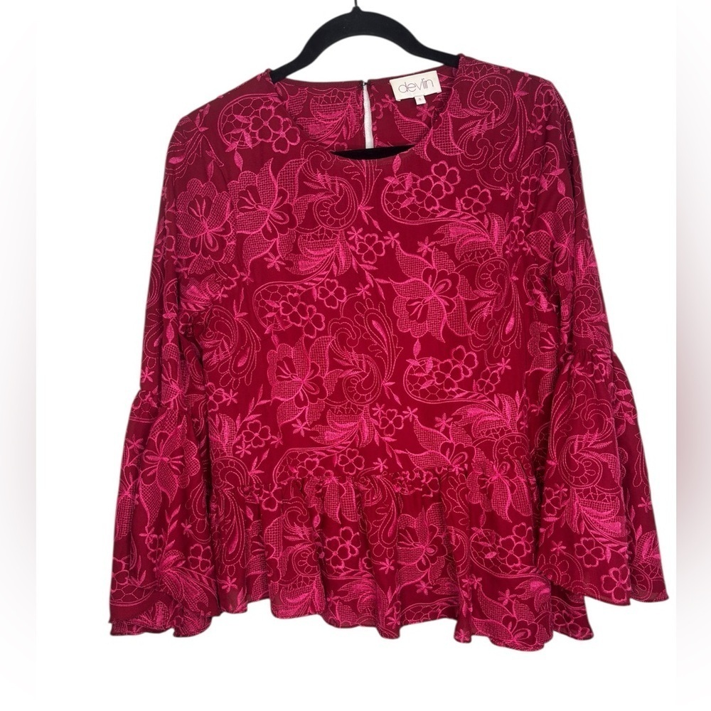 Devlin BOHO Red with Pink Embroidered Flowers Asymmetrical Bell Sleeve Small Top